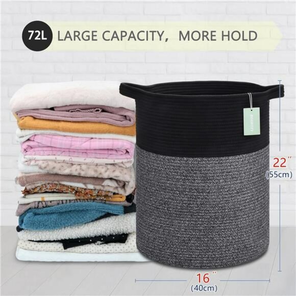 Large laundry hamper woven cotton rope basket 72L toy clothes blanket storage bi - Picture 3 of 7